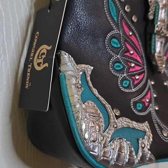 Cowgirl Trendy Cross Body Teal Hot Pink Silver Black Butterfly Embellished Bag - Picture 3 of 16